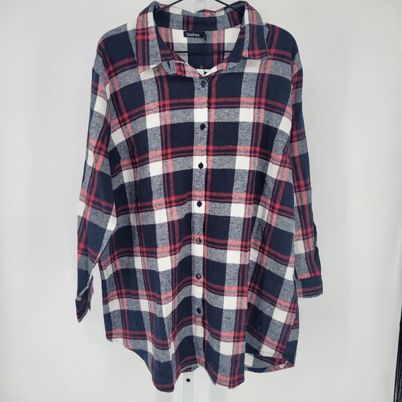 Boohoo Maternity Womens Sz 12 Blue and Red Plaid Button Up Long Sleeve Shirt NEW - Picture 1 of 6